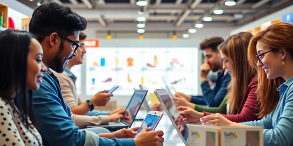 Diverse people shopping online with laptops and phones.