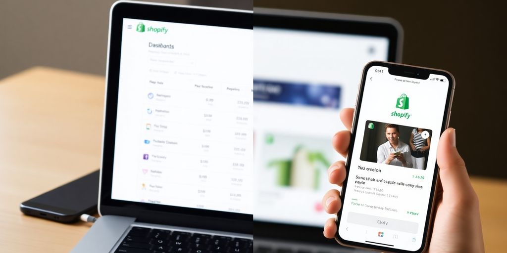 Shopify payment setup on laptop and smartphone.