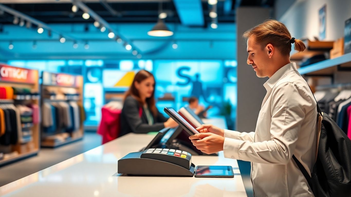 Modern retail checkout counter with a smooth transaction.