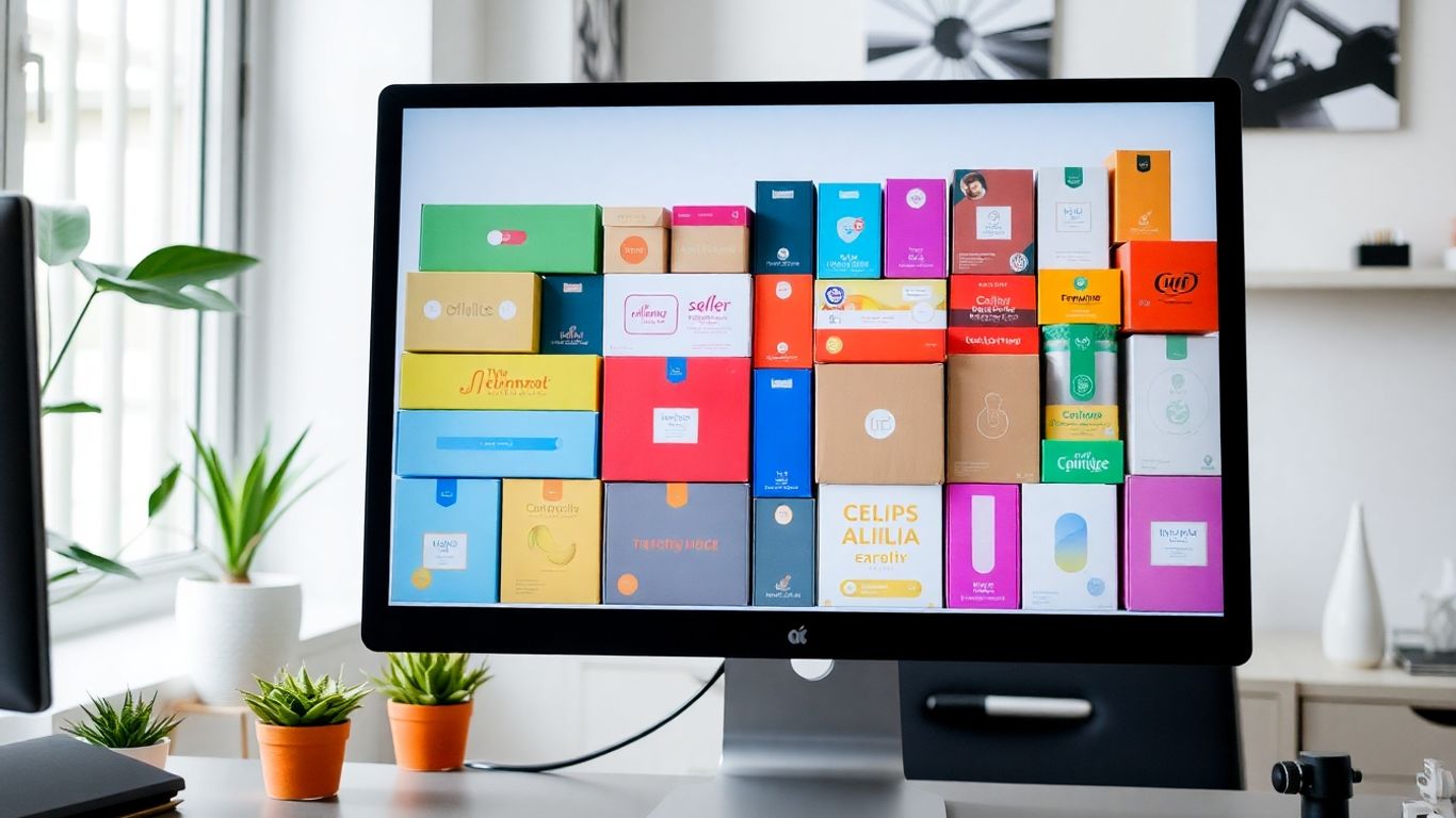 Colorful product boxes grouped together on a sleek workspace