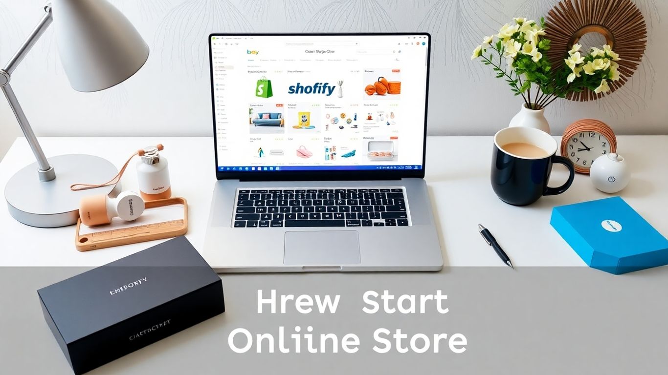Laptop with Shopify and product boxes on bright desk